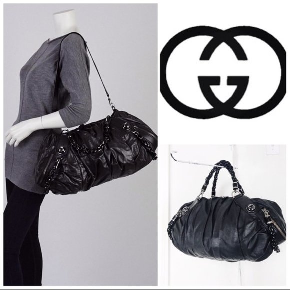 GUCCI Galaxy Two-Way Bag Black Leather Vintage Medium Satchel Purse HOST PICK x3 - Picture 2 of 13